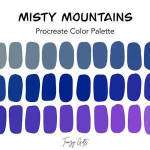 May include: A digital color palette for Procreate called "Misty Mountains" featuring 18 shades of blue and purple. The colors range from light gray to dark purple.