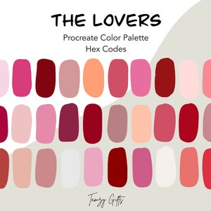 May include: A color palette with 30 different shades of red, pink, and white. The palette is titled "The Lovers" and is labeled as a Procreate Color Palette with Hex Codes.