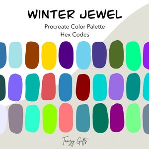 May include: A color palette for Procreate with 24 color swatches in a variety of shades of blue, green, purple, red, yellow, and brown. The title "WINTER JEWEL" is at the top of the image.