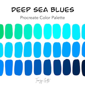 May include: A color palette titled "DEEP SEA BLUES" with a series of rectangular shapes in shades of green and blue. The palette includes various shades of turquoise, cyan, and navy, perfect for digital art projects. The text "Procreate Color Palette" is also included.