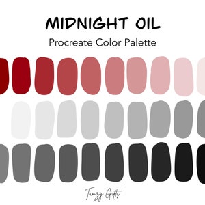 Procreate och Hex-kod Färgpalett - Midnatt Oljegradient (30 Färger) | Procreate Tools | Röd | Grå | Svart | Gör-det-själv Bröllopsinbjudan |