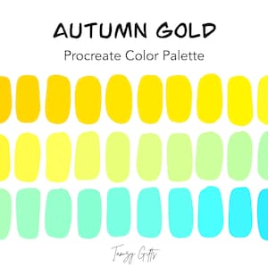 May include: A digital color palette for Procreate called "Autumn Gold" with 18 color swatches in shades of yellow, green, and blue.