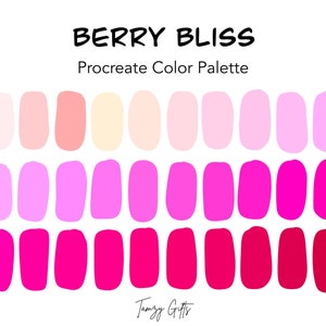 Pode incluir: Uma paleta de cores Procreate chamada "Berry Bliss" com 18 tons de rosa, vermelho e branco. As cores estão dispostas em três linhas de seis amostras cada, começando com o tom mais claro na parte superior e escurecendo progressivamente.