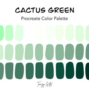 May include: A Procreate color palette with the title "Cactus Green" featuring 18 shades of green, from light to dark.