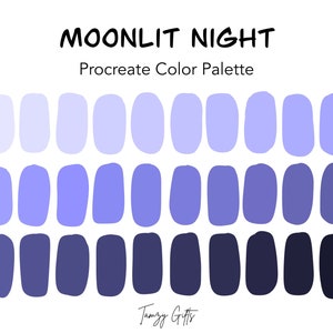 Könnte beinhalten: Eine Procreate-Farbpalette namens "Moonlit Night" mit 30 Blautönen, die von hell bis dunkel reichen.