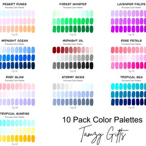 Puede incluir: Diez paletas de colores digitales para Procreate, que presentan una variedad de esquemas de colores, incluyendo dunas del desierto, susurro del bosque, campos de lavanda, océano de medianoche, aceite de medianoche, resplandor rosado, cielos tormentosos, mar tropical, amanecer tropical y pétalos de rosa. Las paletas se muestran en un formato de cuadrícula con el nombre de cada paleta listado arriba.