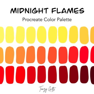 May include: A digital color palette called "Midnight Flames" for the Procreate app. The palette features 18 shades of yellow, orange, red, and burgundy.