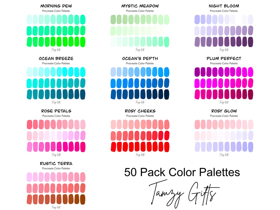 Procreate and Hex Code Color Palette - Ultimate 50 Pack Gradient ...