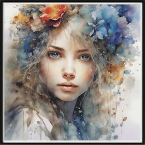 May include: Watercolor portrait of a young person with blue eyes and a floral crown. The artwork features a soft color palette with shades of blue, orange, and beige. The subject has long, flowing blonde hair and a serene expression. The painting is framed in a black border.
