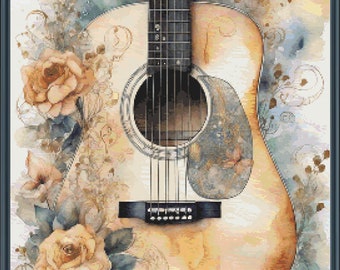 May include: A watercolor painting of an acoustic guitar with a floral design. The guitar is white with a brown wood body and a black pickguard. The flowers are yellow roses with green leaves. The background is a soft blue and green watercolor wash.