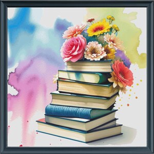 Puede incluir: Una pintura de acuarela de una pila de libros con un ramo de flores coloridas. Los libros tienen cubiertas azules y beige, y las flores incluyen rosas rosas, margaritas amarillas y gerberas naranjas. El fondo presenta un lavado de acuarela azul, rosa y amarillo.