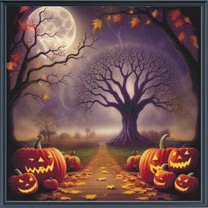 May include: A spooky Halloween scene with a full moon, a bare tree, and a path leading into the woods.  There are five carved pumpkins with glowing faces on the path.