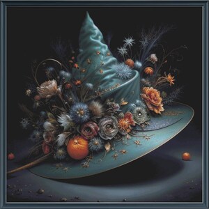 May include: A teal witch's hat with a wide brim and a tall, pointed crown. The hat is adorned with a variety of flowers, including roses, daisies, and wildflowers. The flowers are arranged in a whimsical and festive manner, creating a beautiful and enchanting display.