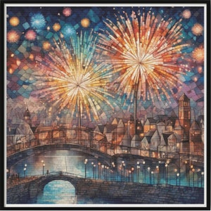 Op de afbeelding: Een kleurrijk schilderij van een stadsbeeld met vuurwerk dat explodeert boven een brug. De gebouwen zijn een mix van stijlen, sommige met puntige daken en andere met platte daken. De brug is van steen en heeft een boog in het midden. Het vuurwerk is in verschillende kleuren, waaronder rood, oranje, geel, groen, blauw en paars.