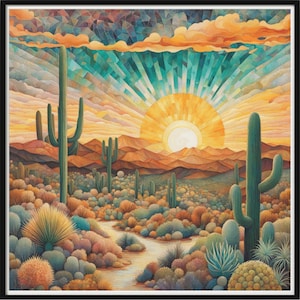 Puede incluir: Una pintura de un paisaje desértico con un sol amarillo brillante que sale sobre una cordillera. El cielo es una mezcla de naranja, amarillo y azul, con nubes en la distancia. Hay muchos cactus en primer plano, algunos de los cuales son altos y delgados, mientras que otros son bajos y rechonchos. El suelo está cubierto de una variedad de plantas y rocas.