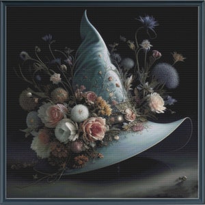 May include: A blue witch's hat with a wide brim is adorned with a variety of flowers and greenery. The hat is set against a dark background.