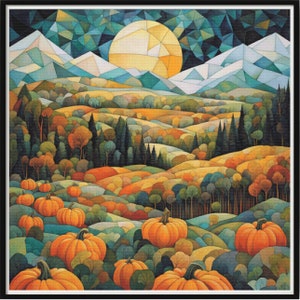 Può includere: Dipinto incorniciato di un colorato paesaggio autunnale. L'opera presenta un campo di zucche arancioni in primo piano, dolci colline, alberi e montagne sotto un sole e un cielo in stile mosaico. La tavolozza dei colori comprende arancione, verde, giallo e blu.