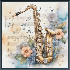 May include: A gold saxophone with a floral background. The saxophone is surrounded by blue and pink flowers and green leaves. The background is a watercolor painting of musical notes.