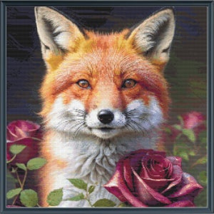 May include: A detailed cross-stitch of a fox with orange and white fur, set against a dark background. The fox is surrounded by deep red roses and green leaves, creating a vibrant contrast. The artwork is framed.