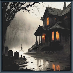 Pode incluir: Ilustração de Halloween de uma casa assombrada assustadora com janelas laranja e uma luz na varanda. Silhuetas de abóboras e uma árvore em primeiro plano, com uma atmosfera nebulosa e misteriosa. Uma cena sombria e ameaçadora.