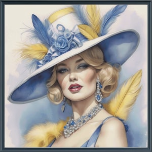 Könnte beinhalten: Aquarellmalerei einer Frau, die einen großen weißen Hut mit blauem Rand trägt, der mit blauen und gelben Federn verziert ist. Sie trägt ein blaues Kleid, eine Halskette aus Perlen und blauen Edelsteinen sowie passende Ohrringe. Ihr blondes Haar ist in Wellen gestylt.