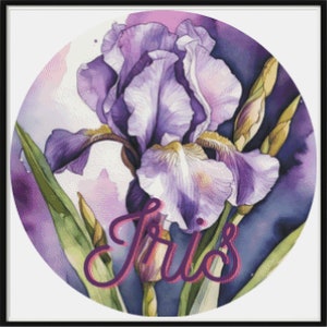 May include: A watercolour painting of a purple iris flower in a circular frame. The flower has multiple layers of petals with green leaves and buds. The word "Iris" is written in a cursive font in the lower centre of the image.