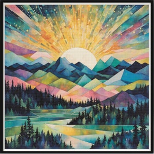 May include: A watercolor painting of a mountain range with a bright yellow sun rising over the peaks. The mountains are a variety of colors, including blue, green, pink, and purple. There are trees in the foreground and a river winding through the valley.