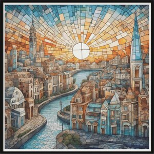 Puede incluir: Una pintura de acuarela de una ciudad con un río que la atraviesa. La ciudad está formada por edificios con vidrieras y un sol brillando intensamente en el cielo. La pintura está realizada en un estilo mosaico.