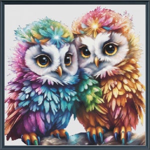 Counted Cross Stitch Pattern Two Cute Fun RAINBOW Baby Owls Owlets Instant Download PDF Pattern Keeper Mark-Up R-XP Compatible Print at Home