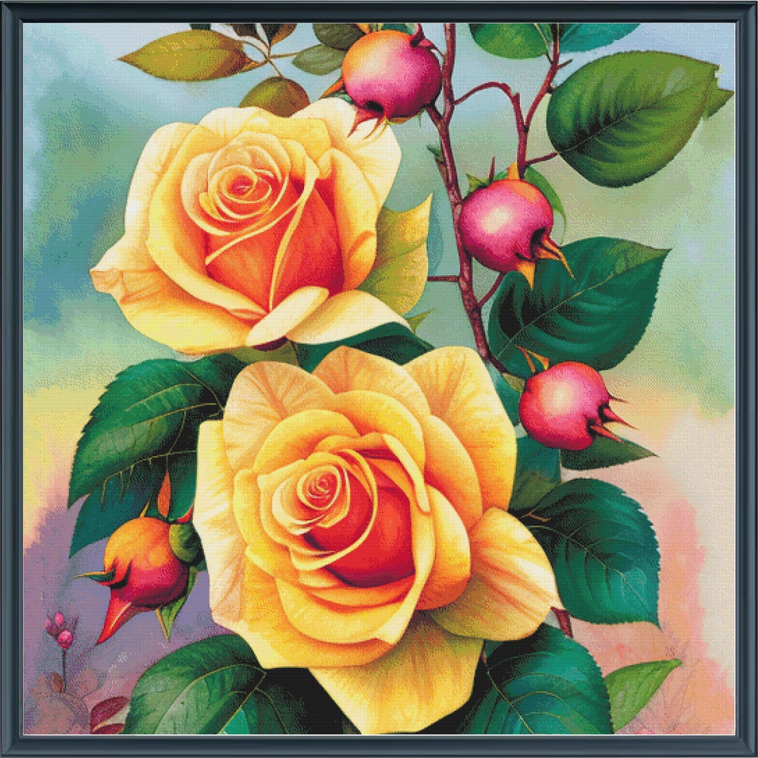 Full Coverage Counted Cross Stitch Pattern Full Bloom Yellow Roses