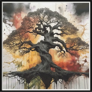 May include: A black and white illustration of a large, gnarled tree with roots that appear to be dripping. The background is a watercolor wash of orange, yellow, and red.