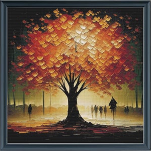 Könnte beinhalten: Ein Gemälde, das einen großen, orangen Baum mit einem dunklen Stamm und Ästen zeigt. Der Baum befindet sich in einer Waldlandschaft mit einer Gruppe von Menschen, die im Hintergrund spazieren gehen. Das Gemälde hat eine warme, einladende Atmosphäre.