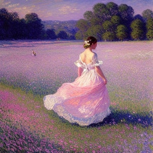 May include: An impressionistic painting of a woman in a pink dress walking through a field of purple flowers. The dress has a white lace trim and flows in the wind. Trees and hills are in the background.