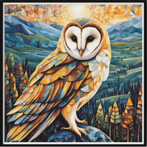 Op de afbeelding: Een kleurrijk, abstract schilderij van een kerkuil met een wit gezicht en gele, oranje en blauwe veren. De uil zit op een rots met een bosachtige achtergrond.