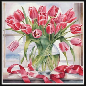 May include: A watercolor painting of a bouquet of red tulips in a clear glass vase. The tulips have green stems and leaves. A red ribbon is draped across the windowsill. The background shows a window with a view of the sea.