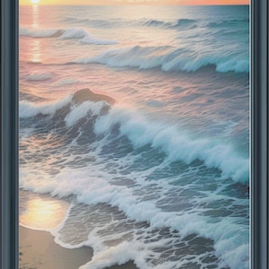 May include: A framed painting of a seascape with waves crashing on a sandy beach at sunset. The sky is a vibrant orange and pink, with clouds reflecting in the water.