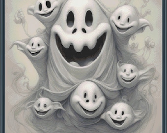 May include: A grayscale illustration of a group of smiling ghosts. The central ghost has a large, open mouth and is surrounded by smaller, smiling ghosts. The artwork has a whimsical, cartoonish style, perfect for Halloween or spooky-themed decor.