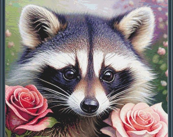 Mini Full Coverage Counted Cross Stitch Pattern Cute RacCoon Roses Instant Download PDF Pattern Keeper Mark-Up R-XP Compatible Print at Home