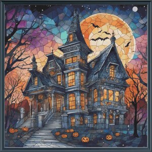 May include: A spooky, stained-glass style illustration of a haunted house at night. The house is dark blue with glowing orange windows, set against a backdrop of a full moon, bats, and a colorful sky. Pumpkins line the walkway.