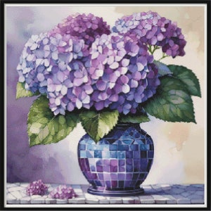 May include: A watercolor painting of a bouquet of purple hydrangeas in a mosaic vase. The flowers are a mix of lavender and deep purple, with green leaves. The vase is a deep blue with a mosaic tile design. The background is a soft purple.