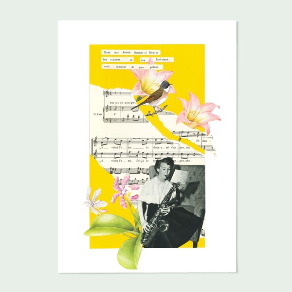 Illustration "La femme et le chant des fleurs" - collage vintage imprimé - art print