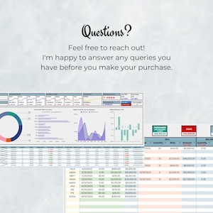 May include: A spreadsheet with a pie chart, bar graphs, and line graphs. The spreadsheet includes data for various companies, including their stock prices, purchase and sale information, and profit margins. The spreadsheet also includes a table with data for purchases, sales, and balance.