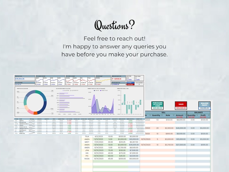 May include: A spreadsheet with a pie chart, bar graphs, and line graphs. The spreadsheet includes data for various companies, including their stock prices, purchase and sale information, and profit margins. The spreadsheet also includes a table with data for purchases, sales, and balance.