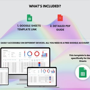 May include: A screenshot of a computer screen showing a Google Sheets template for tracking trades. The template includes charts and graphs to visualize data. The text "This template is designed specifically for Google Sheets" is also visible.