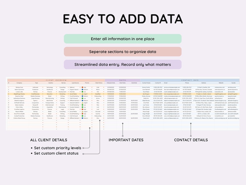 May include: A digital spreadsheet with client data, featuring columns for client overview, dates, and contact information. The image includes text that says "Easy to Add Data" and highlights features like streamlined data entry.