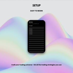 May include: A black phone screen with the text "Set-Up" and "Strategies" displayed. The screen is on a white background with a colorful, abstract design.
