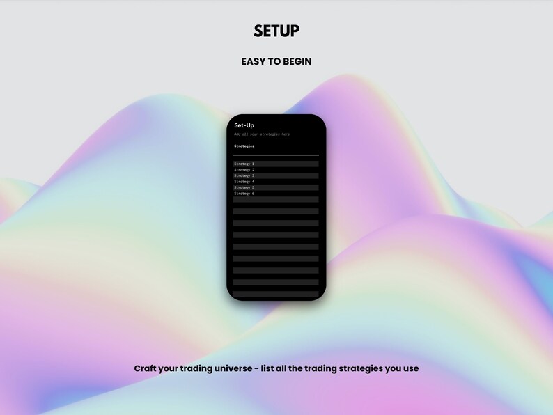 May include: A black phone screen with the text "Set-Up" and "Strategies" displayed. The screen is on a white background with a colorful, abstract design.