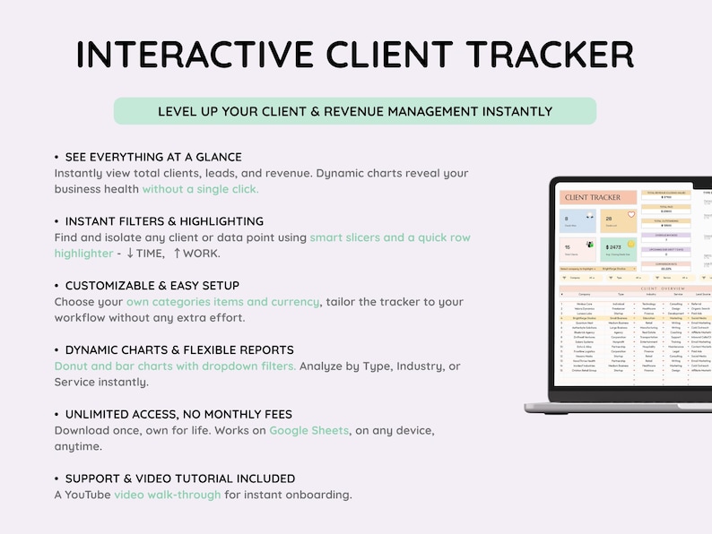 May include: An image of a laptop screen displaying an interactive client tracker. The text reads "Interactive Client Tracker" and "Level Up Your Client & Revenue Management Instantly." Features include instant filters, customizable setup, and dynamic reports.