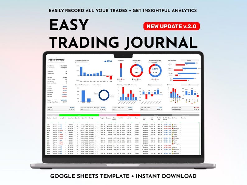 Puede incluir: Un ordenador port&aacute;til que muestra una hoja de c&aacute;lculo de Google Sheets con el t&iacute;tulo "Easy Trading Journal" y el texto "Nueva actualizaci&oacute;n v.2.0". La hoja de c&aacute;lculo contiene gr&aacute;ficos y diagramas con datos relacionados con el comercio. El port&aacute;til est&aacute; sobre un fondo blanco.