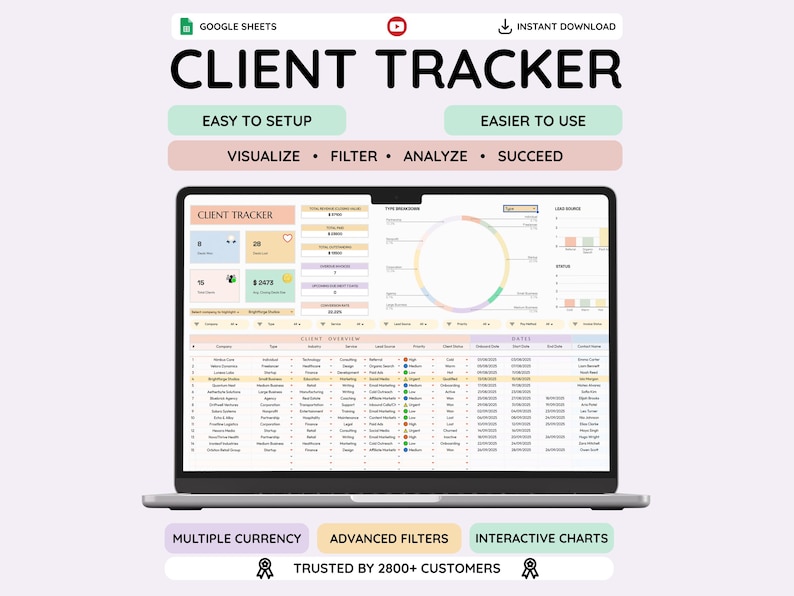 May include: A laptop displaying a "Client Tracker" spreadsheet. The screen shows data visualization, filtering, and analysis tools. Text includes "Easy to Setup," "Easier to Use," and "Trusted by 2800+ Customers." The design incorporates pastel colors.